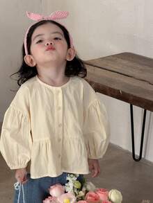 DAZY Blusa casual de cuello redondo de unicolor con volantes en el bajo para niñas pequeñas, primavera/otoño - Albaricoque - Ver 7