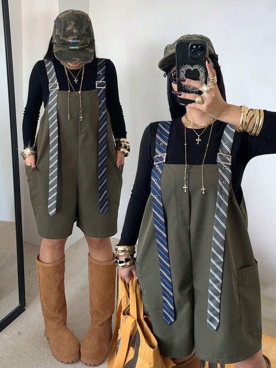 POPSWAY 大码女式条纹撞色口袋休闲连体裤，适合街头、度假、约会、派对、春夏穿着 - 軍綠色 - 查看 1