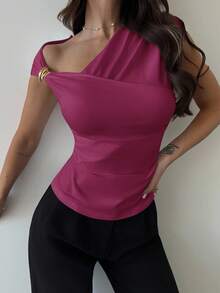 Firerie 女士不对称肩部裹身褶皱腰部紧身T恤，优雅得体，适合日常通勤，春夏款 - 中紫紅色 - 查看 5