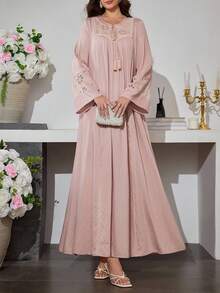 Al Najma V-Neck Drawstring Flare Sleeve Embroidered Patchwork Dress, Spring/Autumn - Pink - View 7