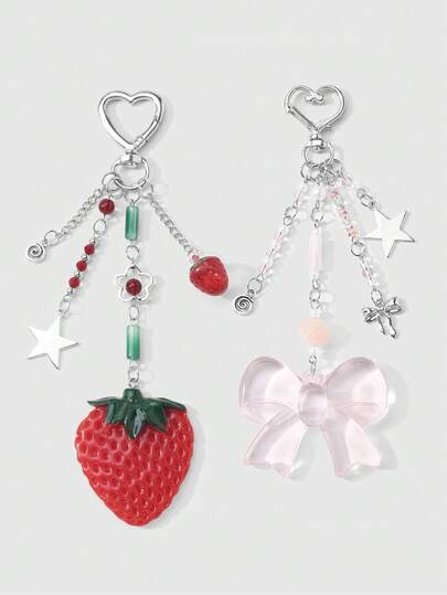 ROMWE Kawaii 1件百搭可爱休闲银链粉/红仿水晶仿珍珠树脂渐变玉珠星形漩涡鱼饼亚克力蝴蝶结草莓吊坠DIY钥匙扣配件，适合姐妹、闺蜜、情侣、日常佩戴、节日礼物