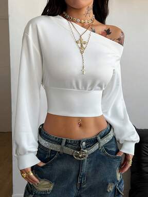 Coolane Sudadera gris básica de manga larga y hombros descubiertos para salir, estilo urbano de otoño/invierno para mujer