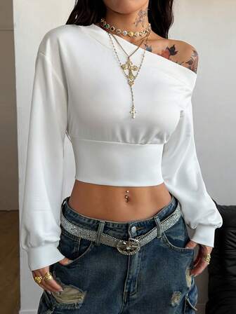 Coolane Women's Fall/Winter Streetwear Going Out Basic Off Shoulder Crop Long Sleeve Grey Sweatshirt