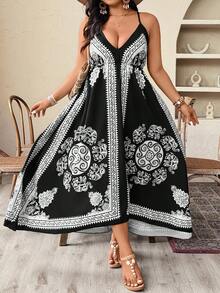 Weeklong Plus Size Women Elephant Print Asymmetric Strap Vacation Dress - Black - View 3
