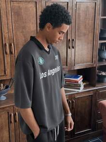 SWAVVY 男士休闲字母印花短袖 Polo 衫，夏季学院风图案 Polo 衫，灰色针织男士街头服饰 - 灰色 - 查看 5