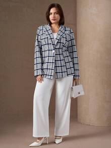 SHEIN Clasi Elegancka, jednorzędowa marynarka damska Curvy Plus Size z nadrukiem w pełnym kolorze i blokami kolorów, z długim rękawem i efektownym krojem, do biura, w eleganckim stylu. Zima dla kobiet, na wyjścia, odzież robocza, strój biurowy dla kobiet - Wielokolorowe - Zobacz 7