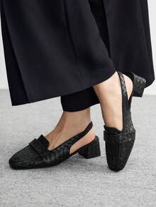 CUCCOO BIZCHIC Giày cao gót mũi vuông đế dày màu đen in nổi thời trang tối giản cho nữ, giày hở gót quai hậu cho kỳ nghỉ, đi làm, trang phục đa năng, phong cách retro - màu đen - Xem 3