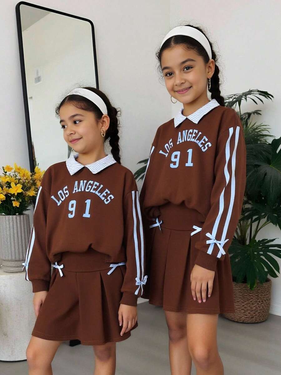 2pcs/Set Tween Girls' School Style Brown Autumn Casual Back-To-School Collared Sweatshirt With English Print,Pleated Skirt,Ribbon & Bow Decor,Knit - Brown - View 1