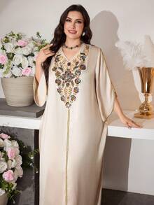 Al Najma 优雅V领喇叭袖飘逸连衣裙，春夏款 - 杏色 - 查看 4