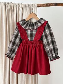 Blossori Young Girls' French Elegant Plaid Shirt/Suspender Dress Set - Multicolor - View 3