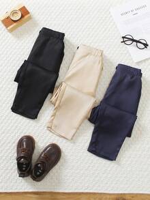 3pcs/Set Young BoySchool Casual Pants, Khaki + Black + Denim Blue, Simple Style With Black Buttons, Classic & Durable, Easy To Wear And Match - Multicolor - View 1