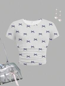 SHEIN Áo thun tay ngắn cổ tròn nhún bèo in nơ hồng mini thoải mái cho bé gái tuổi teen, phù hợp cho mùa hè - Nhiều màu - Xem 3