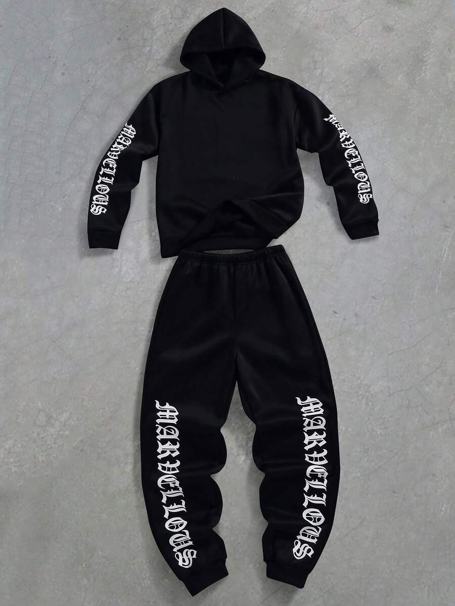 青少年男孩字母印花长袖连帽衫和运动裤休闲套装 - 黑色 - 查看 1