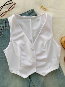 SHEIN EZwear Women's Single Breasted V-Neck Solid Color Suit Vest In Fall/Winter - White - View 5