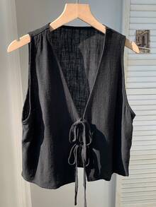 Comfortcana 女士夏季休闲系带无袖衬衫，简约设计 - 黑色 - 查看 5