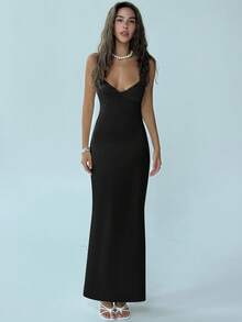 Aloruh 优雅纯色美人鱼下摆吊带连衣裙，休闲及派对皆宜 - 黑色 - 查看 3