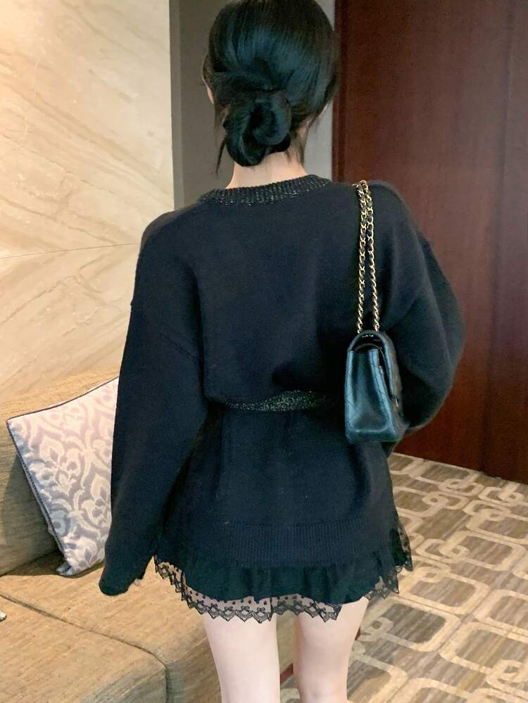 Women's Solid Color Lace Patchwork Long Sleeve Knitted Cardigan