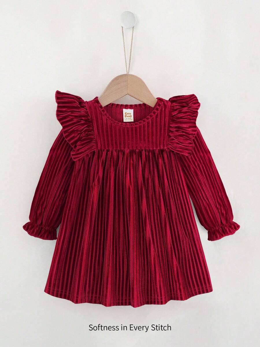 Cozy Pixies Baby Girl Solid Color Knitted Soft Round Neck Ruffle Hem Waist Dress - Burgundy - View 1