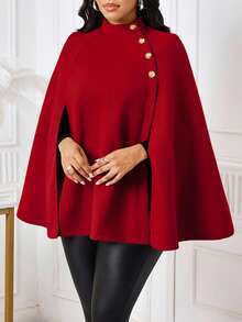 SHEIN Lady 女士休闲宽松斗篷式羊毛混纺大衣，简约商务秋冬女装 - 紅色 - 查看 6