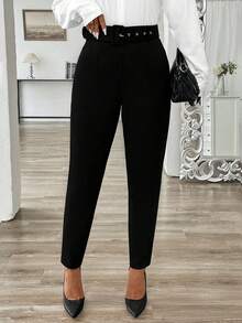 SHEIN Tall Tall Series Women Minimalist Commuter Belted Skinny Pants - Black - View 4