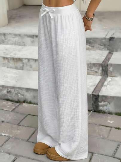 SHEIN Serisse Kids Tween Girls Daily Wear Outfits Casual Basic 100%Cotton Elastic Waistband White Pants, Wide Leg Pants, Back To School Winter Cozy Fall & Winter Styles Girl Wide Leg Pant White Long Pants Suitable For New Year, Daily, Celebration, Autumn & Winter Outfits For Easy Comfort, Autumn & Winter Layers For Girls, Stylish Girls