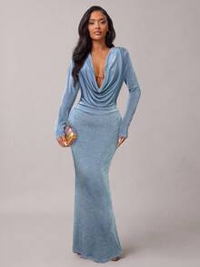 Radiana Váy đuôi cá dài tay cổ xếp ly thanh lịch màu đỏ tía dành cho nữ, thích hợp cho các buổi hẹn hò, tụ họp, sinh nhật, tiệc tùng, tốt nghiệp, tiệc chiêu đãi, tiệc cocktail, những dịp trang trọng, mùa thu/đông - Màu xanh lam - Xem 7