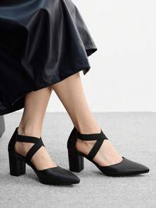 CUCCOO BIZCHIC Women's Fashion Black Elastic Combination Ankle Strap Pointed Toe Chunky High Heel Pumps, Suitable For Commuting, Dating, Party, Wedding, Holiday, Hollow Out - Black - View 5