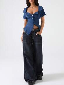 LYSMO Women's Fashion Front Button Fitted Denim Blouse - Navy Blue - View 7