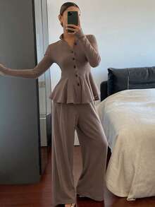 DAZY 女士立领荷叶边上衣和直筒裤两件套休闲套装 Y2K 家居服套装 - 棕色 - 查看 2