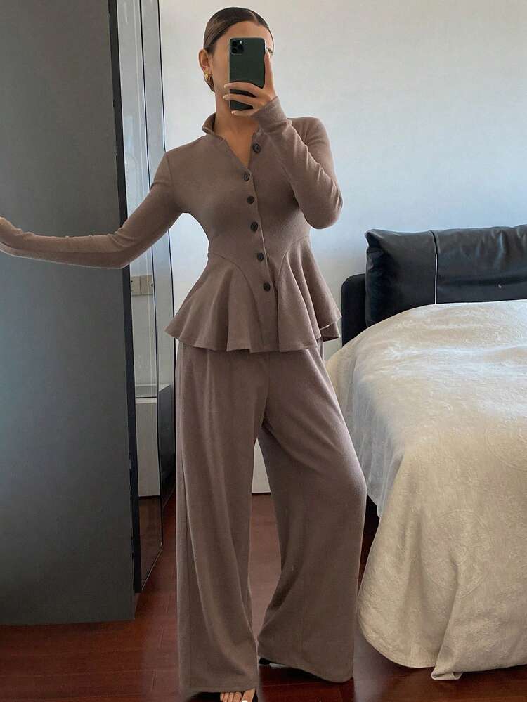 Women's Stand Collar Ruffle Hem Top And Straight Leg Pants 2 Pieces Casual Set Y2k