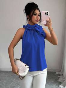 Balvessa Women's Solid Color Ruffle Pleated Sleeveless Blouse, Intellectual And Elegant - Blue - View 7