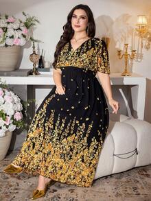 Modelyn 泡泡袖收腰喇叭连衣裙，春夏款 - 黃色 - 查看 4