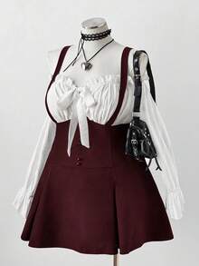 Sunspun 大码女式时尚露肩荷叶边长袖迷你连衣裙，秋季连衣裙，女士秋装，冬季服装，女士机场穿搭，机场旅行穿搭，浪漫连衣裙，婚礼宾客连衣裙，正式连衣裙，生日连衣裙 - 酒紅色 - 查看 1