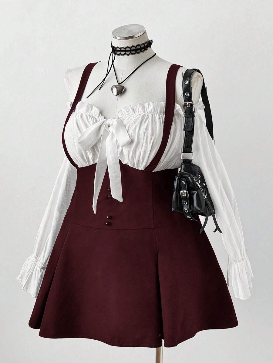 Sunspun 大码女式时尚露肩荷叶边长袖迷你连衣裙，秋季连衣裙，女士秋装，冬季服装，女士机场穿搭，机场旅行穿搭，浪漫连衣裙，婚礼宾客连衣裙，正式连衣裙，生日连衣裙 - 酒紅色 - 查看 1