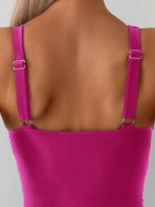 Swim Basics 1件装女士纯色宽肩带无袖修身连体泳衣 - 中紫紅色 - 查看 4