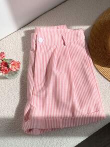 Comfortcana 女式褶皱卷边宽松休闲百搭条纹短裤 - 淺粉色 - 查看 3