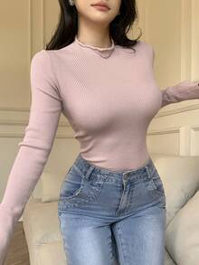 DAZY Women's Lace Patchwork Fitted Flare Sleeve Pullover Sweater