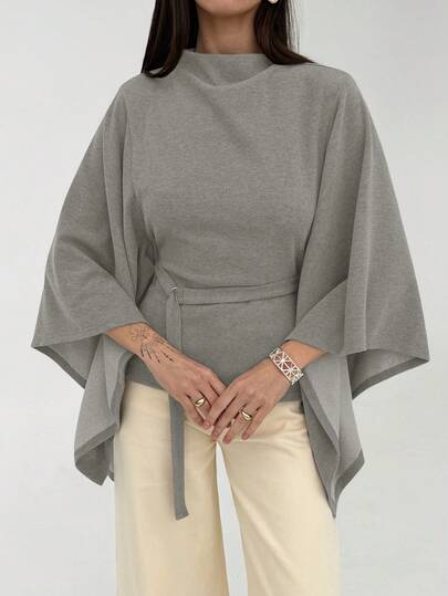 Aloruh Women's Elegant Commuter Solid Color Bell Sleeve Top Autumn/Winter Wool Cape Cover-Up: Slimming And Elegant Goddess Style, Detachable Belt