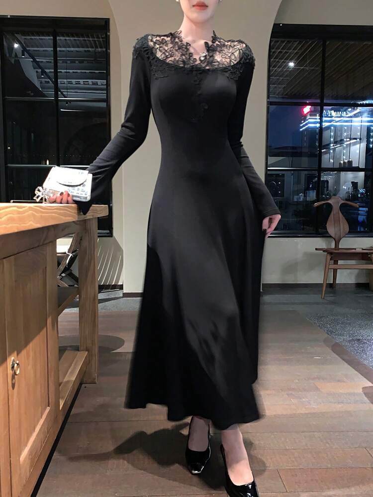 Women's Lace Patchwork Korean Style Long Sleeve Elegant Mid-Length Dress