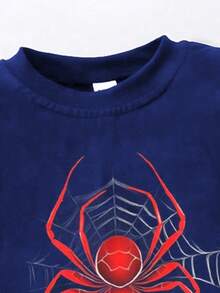 SHEIN Playful Pals 年轻男孩蜘蛛印花圆领运动衫和运动裤套装 - 黑色 - 查看 8