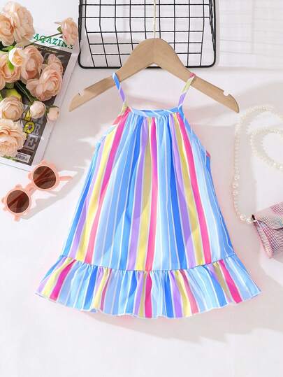 SHEIN Playful Pals Baby Girls' Casual Cute Multicolor Striped Print Woven Dress, Summer