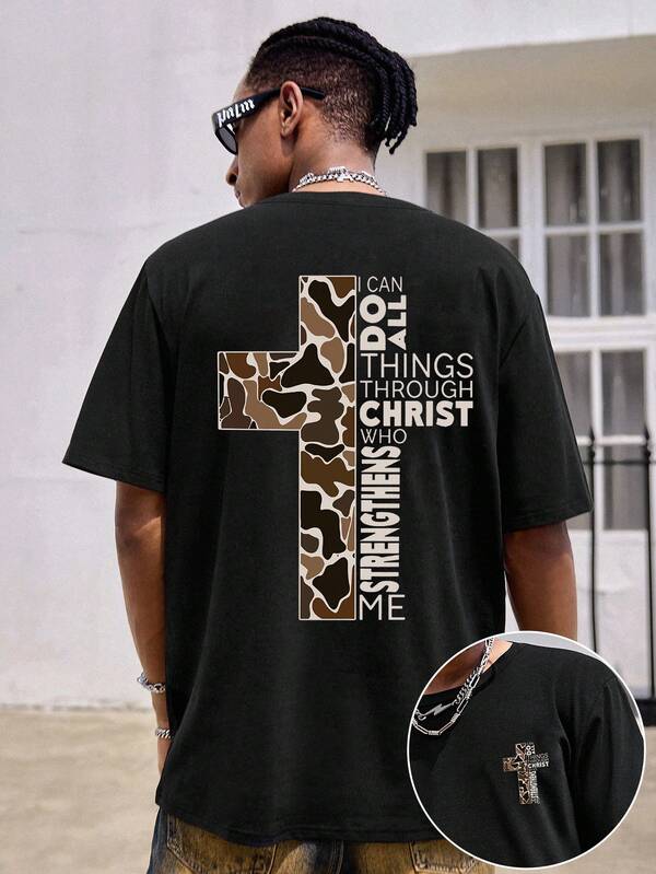 Manfinity Dauomo Men's Top,Christian Faith Unisex Tee ,Hoodie,Men's Double-Sided Printed Casual And Comfortable T-Shirt, Casual And Versatile Spring/Summer 2026 New Collection(1 PC)