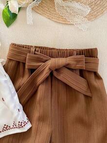 SHEIN 女童两件套：针织纯色荷叶边领上衣和梭织碎花宽松裤 - 駝色 - 查看 6