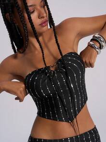 TypaGal Y2K Edgy Chic Urban Bold Modern Rebel Sparkle Wild Sexy Stylish New Year Winter Summer  Black Heart-Decorated Slim-Fit Knitted Women's Y2K Sequin Asymmetric Hem Cropped Fitted Sexy Bandeau Top - Black - View 5