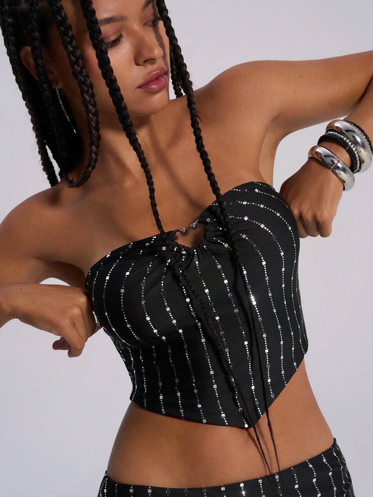 TypaGal Áo crop top bó sát gợi cảm viền bất đối xứng đính sequin Y2K dành cho nữ - màu đen - Xem 5