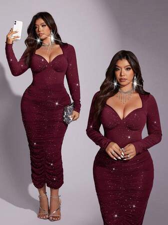 Viva Relle Plus Size Women's Sexy High Stretch Shiny Sequin Party Dress, Elegant Red Cocktail Dress For Outings, Gatherings, Birthday Parties