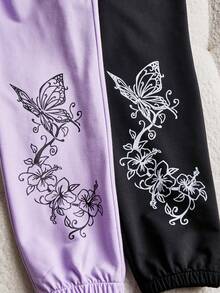 Sparklyn 2pcs Tween Girls Knit Fabric Comfortable Elastic Waist Casual Street Butterfly Print Sweatpants - Multicolor - View 3