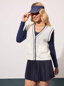CourtClass Women's Striped Single-Breasted Hollow Pocket Knitted Vest Athleisure Tennis Tennis Sweater Vest Golfing Tennis Vest Pickleball