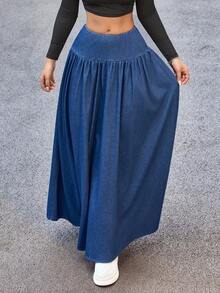 Flexra Women's Solid Color Pleated Fashionable Versatile Long Denim Skirt - Blue - View 4