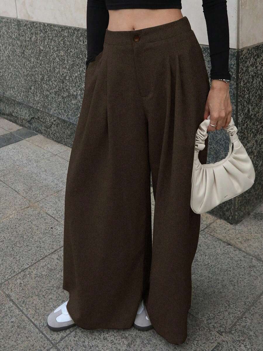 DAZY Quần ống rộng dáng rộng có túi và cạp chun cho nữ, màu trơn - Cà phê nâu - Xem 1